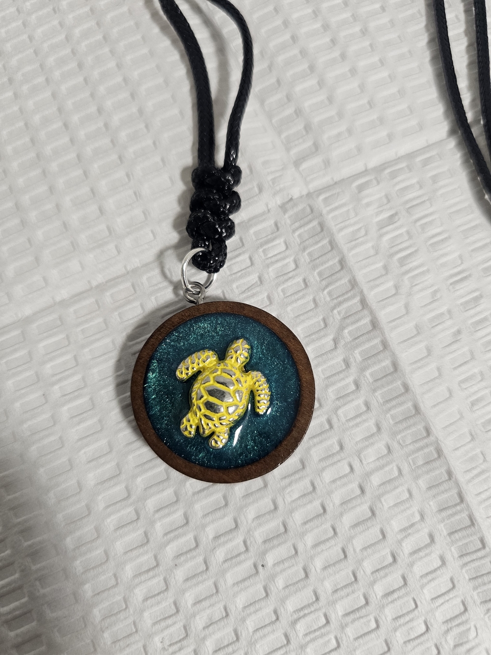 Handmade Turtle Pendant Necklace — Yellow Turtle on Teal